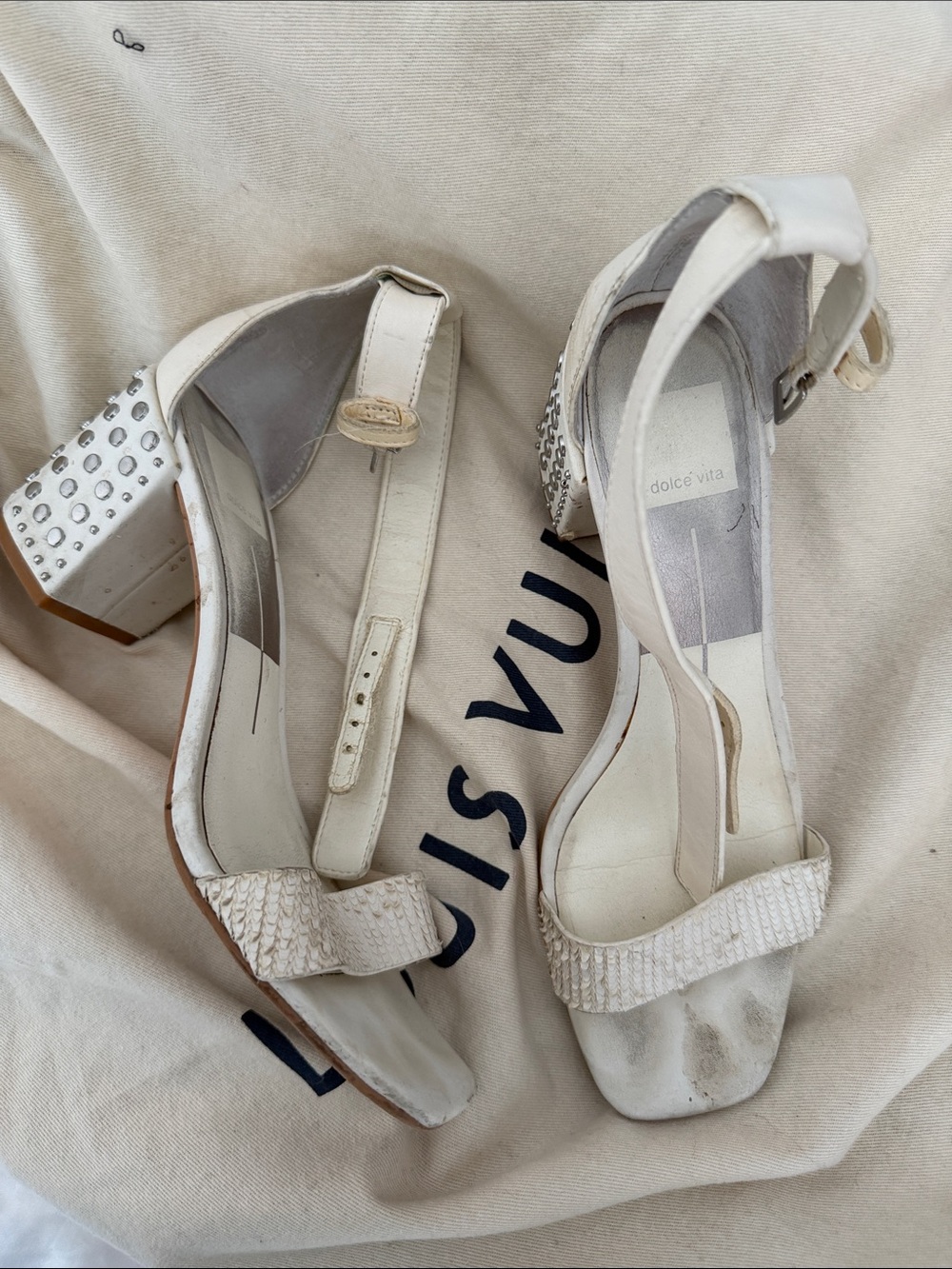 Dolce Vita White Ankle-Strap Block Heel Sandals with Studded Heel